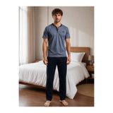 Pijamask Erkek Gri Düğmeli Yaka Pamuklu Uzun Pantolonlu Pijama Takımı Lacivert Alt Rahat Ev Giyim
