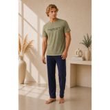 Pijamask Erkek Haki Baskılı Kısa Kollu Tişört Lacivert Uzun Alt Pamuklu Pijama Takımı Alternatif, daha fazla arama kelimesi içeren versiyon: