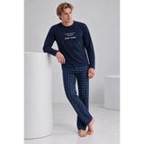 Pijamask Erkek Lacivert Baskılı Uzun Kollu Ekose Pantolon Pijama Takımı