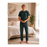 Pijamask Erkek Pamuklu Kısa Kollu Pijama Takımı Ekose Alt Rahat Kalıp Yazlık Ev Giyim