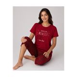 Pijamask Kadın Bordo Ekose Kapri Pijama Takımı Bisiklet Yaka Kısa Kollu Rahat Ev Giyim (P100-887)
