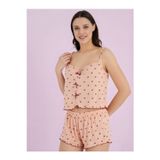 Pijamask Kadın Fırfırlı Çilek Desenli Kurdele Detaylı İp Askılı Şortlu Pijama Takım