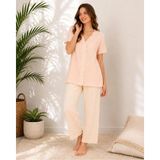 Pijamask Kadın Kısa Kollu Pamuklu Pijama Takım - Açık Bej - 2XL