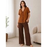 Pijamask Kadın Kısa Kollu Pamuklu Pijama Takım - Kahverengi - 2XL