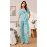 Pijamask Kadın Kısa Kollu Pamuklu Pijama Takım - Mavi - XL