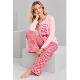 Pijamask Kadın Pembe Kiraz Baskılı Kırmızı Ekose Bol Paça Pamuklu Pijama Takımı