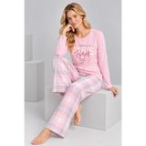 Pijamask Kadın Pembe Paris Baskılı Ekose Bol Paça Pamuklu Pijama Takımı