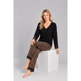 Pijamask Kadın Siyah Leopar Desenli Dantel Detaylı Bol Paça Pamuklu Pijama Takımı