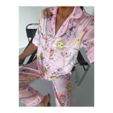 Pijamaya Premium Saten Kumaş Düğmeli Kısa Kollu Uzun Pijama Takımı - Bandaj ve Toka Hediyeli - Pembe Güneş