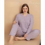 Pijamerry Kadın Büyük Beden Dantel Yaka Bambu Uzun Kol Ince Pijama Takımı 5675 - 1 Adet - Lila - 2XL