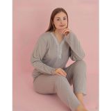 Pijamerry Kadın Büyük Beden Dantel Yaka Bambu Uzun Kol Pijama Takımı 5070 - 1 Adet Gri-Kahverengi-3XL