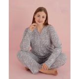 Pijamerry Kadın Büyük Beden Dantel Yaka Bambu Uzun Kol Pijama Takımı 5074 - 1 Adet Gri-2XL