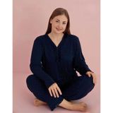 Pijamerry Kadın Büyük Beden Dantel Yaka Bambu Uzun Kol Pijama Takımı 5075 - 1 Adet Lacivert-2XL