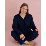 Pijamerry Kadın Büyük Beden Dantel Yaka Bambu Uzun Kol Pijama Takımı 5075 - 1 Adet Lacivert-3XL
