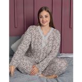 Pijamerry Kadın Büyük Beden Dantel Yaka Bambu Uzun Kol Pijama Takımı 5162 - 1 Adet 3XL-Açık Kahve