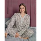 Pijamerry Kadın Büyük Beden Dantel Yaka Bambu Uzun Kol Pijama Takımı 5162 - 1 Adet 4XL-Açık Kahve