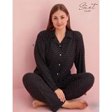 Pijamerry Kadın Büyük Beden Gömlek Yaka Süet Uzun Kol Pijama Takımı 5260- 1 Adet Siyah-2XL