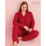 Pijamerry Kadın Büyük Beden Gömlek Yaka Süet Uzun Kol Pijama Takımı 5267- 1 Adet Kırmızı-3XL