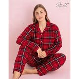 Pijamerry Kadın Büyük Beden Gömlek Yaka Süet Uzun Kol Pijama Takımı 5269- 1 Adet Kırmızı-2XL