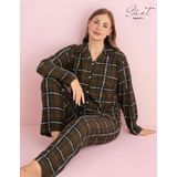 Pijamerry Kadın Büyük Beden Gömlek Yaka Süet Uzun Kol Pijama Takımı 5272- 1 Adet Haki-2XL