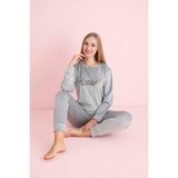 Pijamerry Kadın Kışlık Bisiklet Yaka Kadife Pijama Takımı 3023G - 1 Adet S-Gümüş