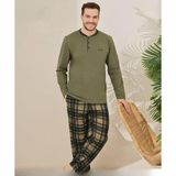 Pijamoni Erkek Pamuklu Düğme Yaka Uzun Kol İnce Pijama Takımı 100/11 - 1 Adet Haki-L