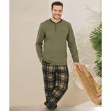 Pijamoni Erkek Pamuklu Düğme Yaka Uzun Kol İnce Pijama Takımı 100/11 - 1 Adet Haki-M