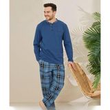 Pijamoni Erkek Pamuklu Düğme Yaka Uzun Kol İnce Pijama Takımı 100/4 - 1 Adet Mavi-XL