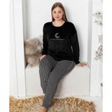 Pijamoni Kadın Kadife Büyük Beden Bisiklet Yaka Uzun Kol Pijama Takımı 4230/5- 1 Adet Siyah-3XL