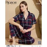 Pijamoni Kadın Kısa Kol Boydan Düğmeli Slim Fit Pijama Takımı - 7515-23 Lacivert S - M
