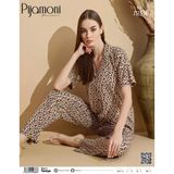Pijamoni Kadın Kısa Kol Boydan Düğmeli Slim Fit Pijama Takımı - 7515-24 L Kahverengi