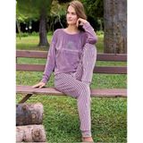 Pijamoni Kadın Kışlık Bisiklet Yaka Likralı Kadife Pijama Takımı 4210/6- 1 Adet Lila-XL