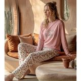 Pijamoni Kadın Likralı Pamuklu Bisiklet Yaka Uzun Kol İnce Pijama Takımı 1300/3 - 1 Adet L Pembe