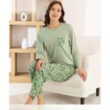 Pijamoni Kadın Milan Bisiklet Yaka Uzun Kol İnce Pijama Takımı 7575/5 - 1 Adet Xl Yeşil