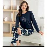 Pijamoni Kadın Milan Bisiklet Yaka Uzun Kol İnce Pijama Takımı 7600/22 - 1 Adet Lacivert S - M