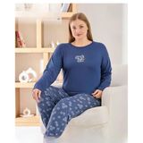 Pijamoni Kadın Sofya Büyük Beden Bisiklet Yaka Uzun Kol İnce Pijama Takımı 8720/4- 1 Adet Mavi 3Xl