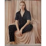 Pijamoni Kadın Viskon Boydan Düğmeli Slim Fit Kısa Kol İnce Pijama Takımı 7510/3 - 1 Adet Siyah S - M