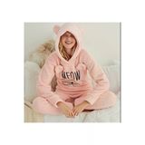 Pijamoni Pijamoni Kapüşonlu Kulaklı Polar Pijama Takımı-Meow