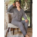 Pijamoni Süet Gömlek Yaka Önden Düğmeli Büyük Beden Uzun Kollu Pijama Takımı - Siyah - Siyah Beyaz Ekoseli - 4XL