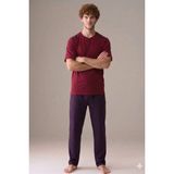 Pijapia Erkek Kısa Kol %100 Pamuk Büyük Beden Pijama Takımı Bordo - Koyu Bordo - 2XL