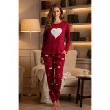 Pijapia Kadın Kırmızı Kalp Desenli Uzun Kollu %100 Pamuk Pijama Takımı Rahat ve Yumuşak Dokulu