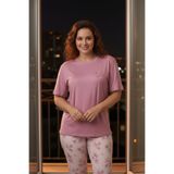 PİJAPİA Kadın Kısa Kollu Likralı Büyük Beden Pijama Takımı Gül Kurusu