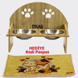 Pikas 8 mm 2 Kaseli Pati Desenli Kedi Köpek Mama ve Su Kabı ve Oval Paspas