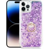 Pilanix Apple Apple iPhone 14 Pro Kılıf Sıvılı Kalpli Yüzüklü Hareketli Milce Kapak - Mor