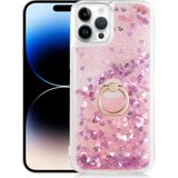 Pilanix Apple Apple iPhone 14 Pro Max Kılıf Sıvılı Kalpli Yüzüklü Hareketli Milce Kapak - Pembe