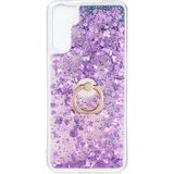 Pilanix OPPO Reno 3 Kılıf Simli Sıvılı Kalplı Yüzüklü Milce Kapak Mor