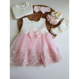 Pileki Baby Kız Bebek 0-3 Ay Gelinlik Elbise 5 Li Mevlütlük Set Dantelli Elbise - Beyaz - Pembe - 0 - 3 Ay