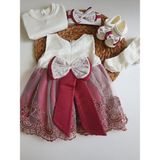 Pileki Baby Kız Bebek 0-3 Ay Gelinlik Elbise 5 Li Mevlütlük Set Dantelli Elbise - Vişne - Beyaz - 0 - 3 Ay