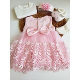 Pileki Baby Kız Bebek 0-3 Ay Gelinlik Elbise 5 Parça Mevlütlük Set Dantel Gelinlik - Pembe - 0 - 3 Ay
