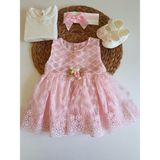 Pileki Baby Kız Bebek (4 Parça) 0 3 Ay Gelinlik Elbise Mevlüt Set- Dantel Gelinlik Mevlütlük - Pembe - 0 - 3 Ay